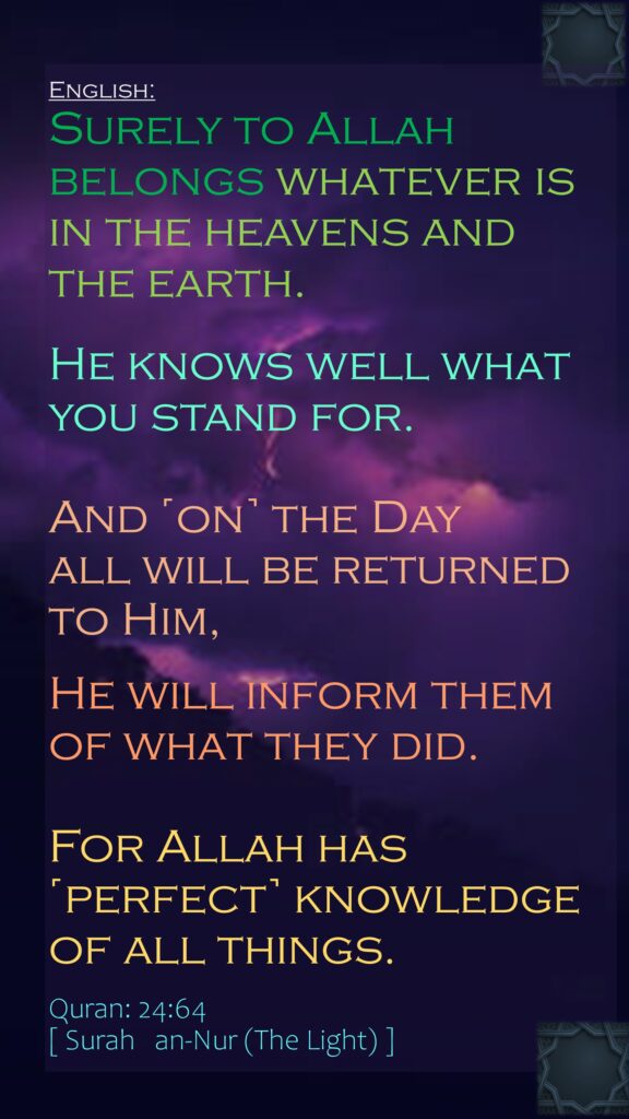 Surely to Allah belongs whatever is in the heavens and the earth.
He knows well what you stand for. 
And ˹on˺ the Day all will be returned to Him, 
He will inform them of what they did. 
For Allah has ˹perfect˺ knowledge of all things.

Quran: 24:64
[ Surah   an-Nur (The Light) ]