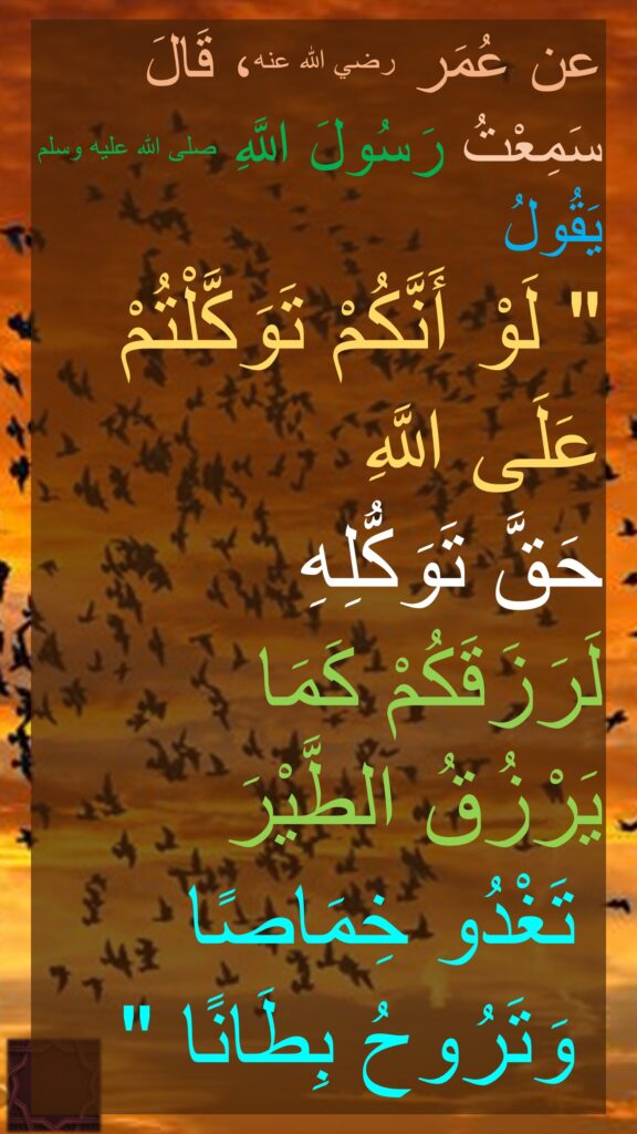 عن عُمَر رضي الله عنه، قَالَ
سَمِعْتُ رَسُولَ اللَّهِ صلى الله عليه وسلم يَقُولُ ‏ 
"‏ لَوْ أَنَّكُمْ تَوَكَّلْتُمْ 
عَلَى اللَّهِ 
حَقَّ تَوَكُّلِهِ 
لَرَزَقَكُمْ كَمَا 
يَرْزُقُ الطَّيْرَ
 تَغْدُو خِمَاصًا
 وَتَرُوحُ بِطَانًا ‏"
