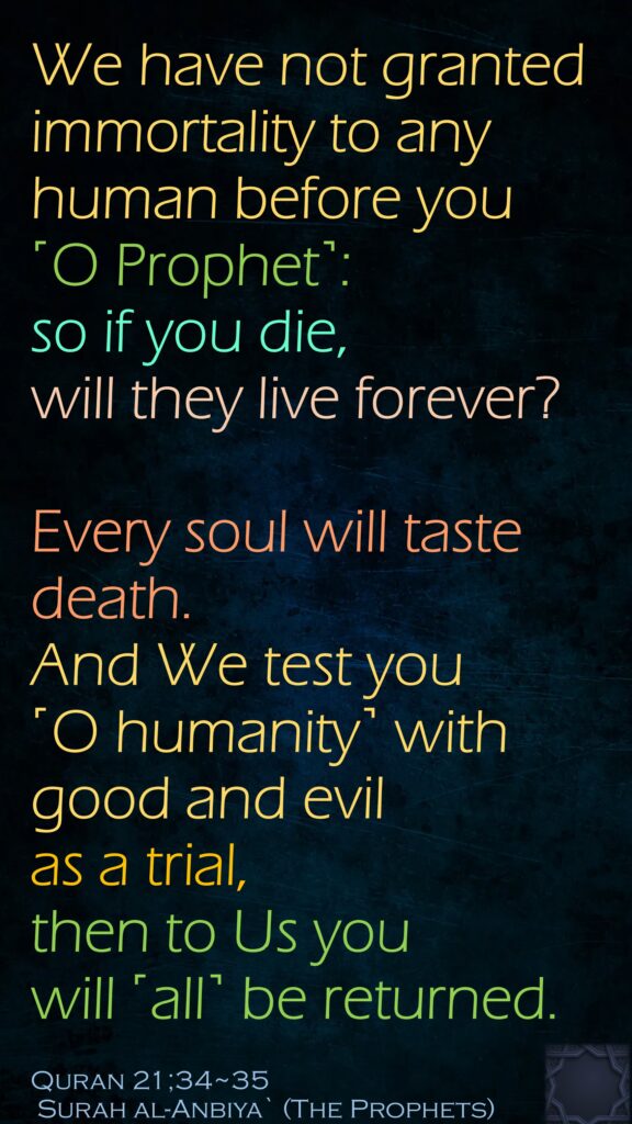 We have not granted immortality to any human before you ˹O Prophet˺: so if you die, will they live forever?Every soul will taste death. And We test you ˹O humanity˺ with good and evil as a trial, then to Us you will ˹all˺ be returned.Quran 21;34~35 Surah al-Anbiya` (The Prophets)