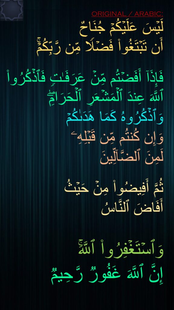 لَیۡسَ عَلَیۡكُمۡ جُنَاحٌ 
أَن تَبۡتَغُوا۟ فَضۡلࣰا مِّن رَّبِّكُمۡۚ

فَإِذَاۤ أَفَضۡتُم مِّنۡ عَرَفَـٰتࣲ فَٱذۡكُرُوا۟ ٱللَّهَ عِندَ ٱلۡمَشۡعَرِ ٱلۡحَرَامِۖ 
وَٱذۡكُرُوهُ كَمَا هَدَىٰكُمۡ 
وَإِن كُنتُم مِّن قَبۡلِهِۦ 
لَمِنَ ٱلضَّاۤلِّینَ

ثُمَّ أَفِیضُوا۟ مِنۡ حَیۡثُ 
أَفَاضَ ٱلنَّاسُ
 
وَٱسۡتَغۡفِرُوا۟ ٱللَّهَۚ 
إِنَّ ٱللَّهَ غَفُورࣱ رَّحِیمࣱ
