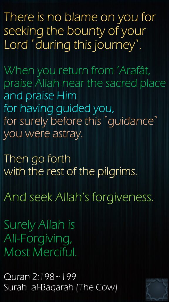 There is no blame on you for seeking the bounty of your Lord ˹during this journey˺. When you return from ’Arafât, praise Allah near the sacred place and praise Him for having guided you, for surely before this ˹guidance˺ you were astray.Then go forth with the rest of the pilgrims. And seek Allah’s forgiveness.Surely Allah is All-Forgiving, Most Merciful.Quran 2:198~199Surah  al-Baqarah (The Cow)