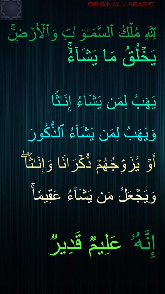 لِّلَّهِ مُلۡكُ ٱلسَّمَـٰوَ ٰتِ وَٱلۡأَرۡضِۚ 
یَخۡلُقُ مَا یَشَاۤءُۚ
 
یَهَبُ لِمَن یَشَاۤءُ إِنَـٰثࣰا 

وَیَهَبُ لِمَن یَشَاۤءُ ٱلذُّكُورَ 

أَوۡ یُزَوِّجُهُمۡ ذُكۡرَانࣰا وَإِنَـٰثࣰاۖ
 
وَیَجۡعَلُ مَن یَشَاۤءُ عَقِیمًاۚ 

إِنَّهُۥ عَلِیمࣱ قَدِیرࣱ
