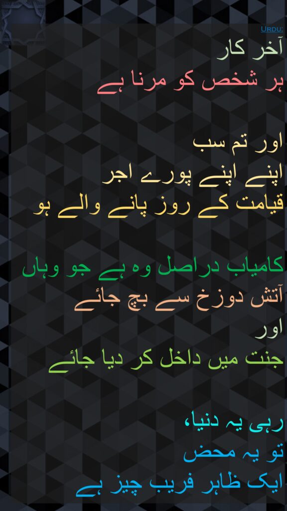 آخر کار 
ہر شخص کو مرنا ہے
 
اور تم سب 
اپنے اپنے پورے اجر 
قیامت کے روز پانے والے ہو

کامیاب دراصل وہ ہے جو وہاں آتش دوزخ سے بچ جائے
اور 
جنت میں داخل کر دیا جائے
 
رہی یہ دنیا، 
تو یہ محض 
ایک ظاہر فریب چیز ہے
