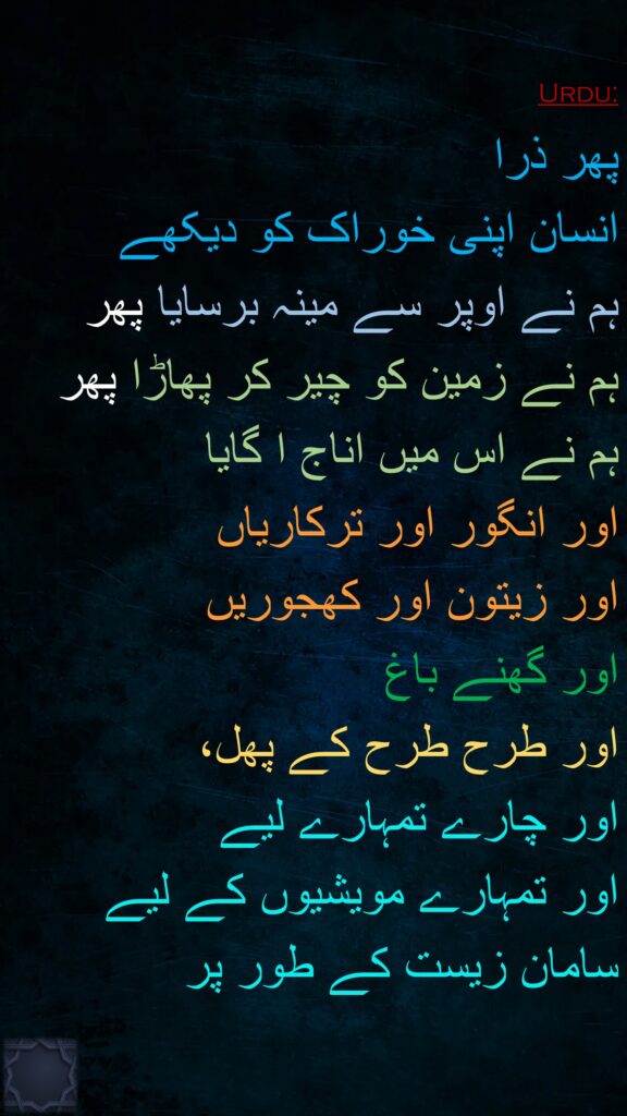 پھر ذرا 
انسان اپنی خوراک کو دیکھے 
ہم نے اوپر سے مینہ برسایا پھر
ہم نے زمین کو چیر کر پھاڑا پھر
ہم نے اس میں اناج ا گایا
اور انگور اور ترکاریاں 
اور زیتون اور کھجوریں 
اور گھنے باغ 
اور طرح طرح کے پھل، 
اور چارے تمہارے لیے 
اور تمہارے مویشیوں کے لیے 
سامان زیست کے طور پر
