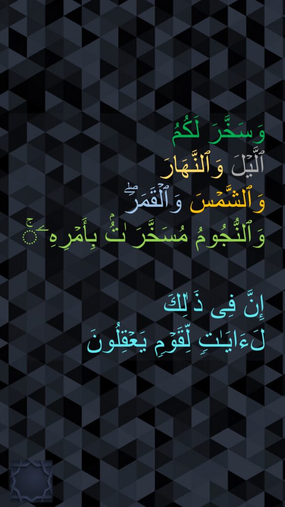 وَسَخَّرَ لَكُمُ 
ٱلَّیۡلَ وَٱلنَّهَارَ 
وَٱلشَّمۡسَ وَٱلۡقَمَرَۖ 
وَٱلنُّجُومُ مُسَخَّرَ ٰتُۢ بِأَمۡرِهِۦۤۚ 

إِنَّ فِی ذَ ٰلِكَ 
لَءَایَـٰتࣲ لِّقَوۡمࣲ یَعۡقِلُونَ 