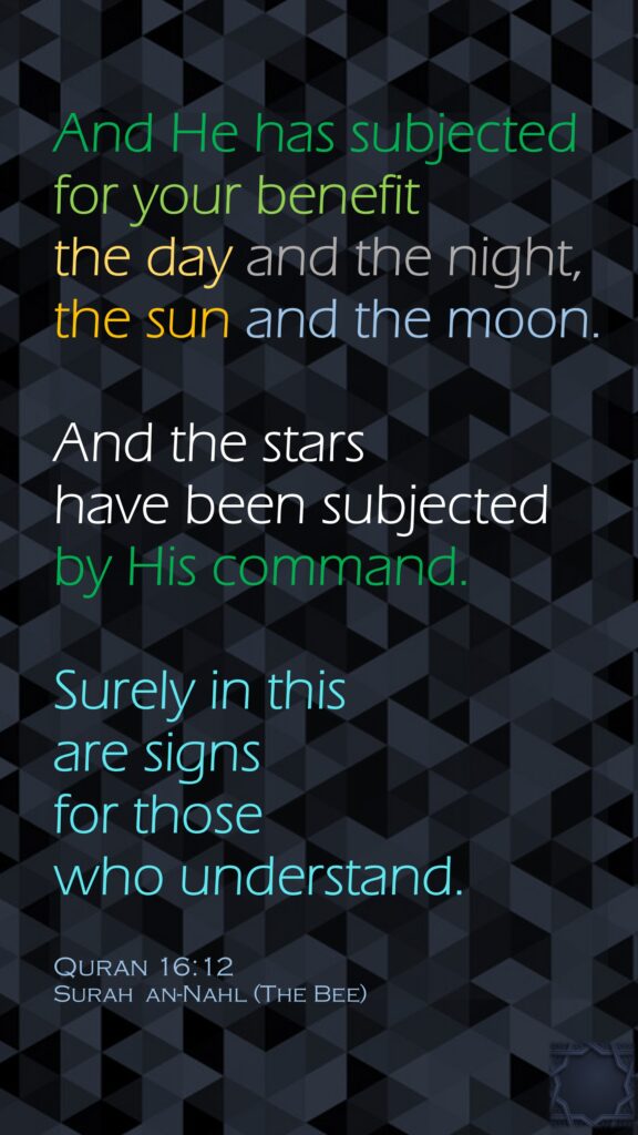 And He has subjected for your benefit the day and the night, the sun and the moon. And the stars have been subjected by His command. Surely in this are signs for those who understand.Quran 16:12Surah  an-Nahl (The Bee) 