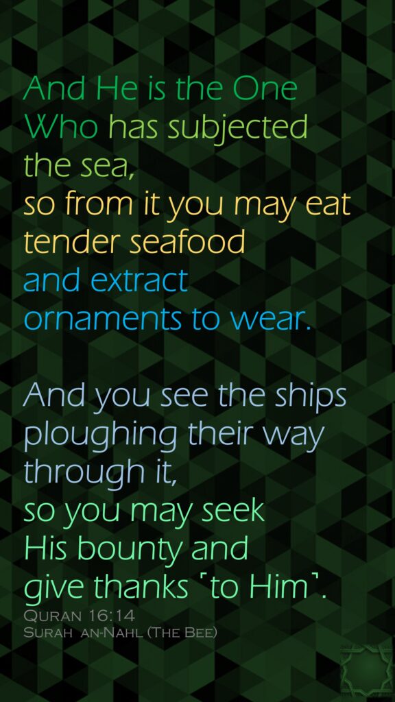 And He is the One Who has subjected the sea, so from it you may eat tender seafood and extract ornaments to wear. And you see the ships ploughing their way through it, so you may seek His bounty and give thanks ˹to Him˺.Quran 16:14Surah  an-Nahl (The Bee) 