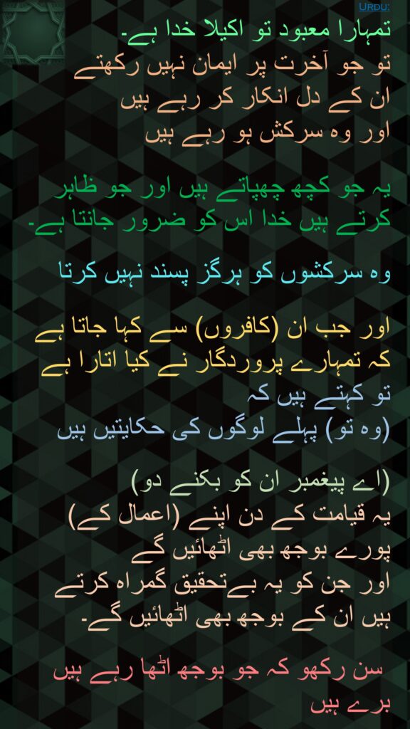 تمہارا معبود تو اکیلا خدا ہے۔ 
تو جو آخرت پر ایمان نہیں رکھتے 
ان کے دل انکار کر رہے ہیں 
اور وہ سرکش ہو رہے ہیں 

یہ جو کچھ چھپاتے ہیں اور جو ظاہر کرتے ہیں خدا اس کو ضرور جانتا ہے۔

وہ سرکشوں کو ہرگز پسند نہیں کرتا 

اور جب ان (کافروں) سے کہا جاتا ہے کہ تمہارے پروردگار نے کیا اتارا ہے تو کہتے ہیں کہ 
(وہ تو) پہلے لوگوں کی حکایتیں ہیں 

(اے پیغمبر ان کو بکنے دو) 
یہ قیامت کے دن اپنے (اعمال کے) پورے بوجھ بھی اٹھائیں گے 
اور جن کو یہ بےتحقیق گمراہ کرتے ہیں ان کے بوجھ بھی اٹھائیں گے۔

 سن رکھو کہ جو بوجھ اٹھا رہے ہیں برے ہیں
