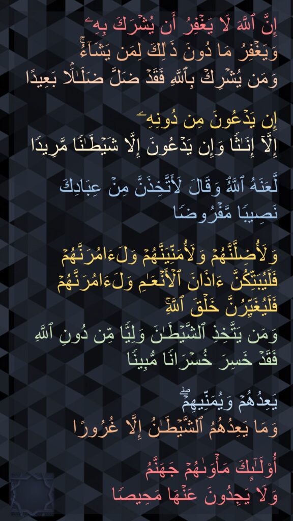 إِنَّ ٱللَّهَ لَا یَغۡفِرُ أَن یُشۡرَكَ بِهِۦ 
وَیَغۡفِرُ مَا دُونَ ذَ ٰلِكَ لِمَن یَشَاۤءُۚ 
وَمَن یُشۡرِكۡ بِٱللَّهِ فَقَدۡ ضَلَّ ضَلَـٰلَۢا بَعِیدًا

إِن یَدۡعُونَ مِن دُونِهِۦۤ 
إِلَّاۤ إِنَـٰثࣰا وَإِن یَدۡعُونَ إِلَّا شَیۡطَـٰنࣰا مَّرِیدࣰا

لَّعَنَهُ ٱللَّهُۘ وَقَالَ لَأَتَّخِذَنَّ مِنۡ عِبَادِكَ نَصِیبࣰا مَّفۡرُوضࣰا

وَلَأُضِلَّنَّهُمۡ وَلَأُمَنِّیَنَّهُمۡ وَلَءَامُرَنَّهُمۡ فَلَیُبَتِّكُنَّ ءَاذَانَ ٱلۡأَنۡعَـٰمِ وَلَءَامُرَنَّهُمۡ فَلَیُغَیِّرُنَّ خَلۡقَ ٱللَّهِۚ 
وَمَن یَتَّخِذِ ٱلشَّیۡطَـٰنَ وَلِیࣰّا مِّن دُونِ ٱللَّهِ فَقَدۡ خَسِرَ خُسۡرَانࣰا مُّبِینࣰا

یَعِدُهُمۡ وَیُمَنِّیهِمۡۖ 
وَمَا یَعِدُهُمُ ٱلشَّیۡطَـٰنُ إِلَّا غُرُورًا

أُو۟لَـٰۤىِٕكَ مَأۡوَىٰهُمۡ جَهَنَّمُ 
وَلَا یَجِدُونَ عَنۡهَا مَحِیصࣰا