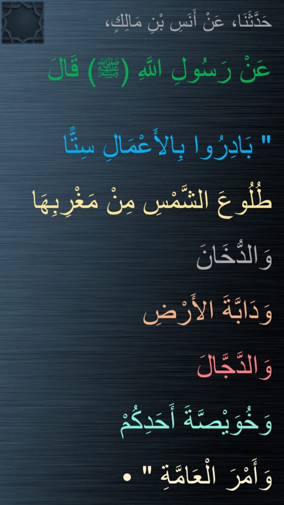 حَدَّثَنَا، عَنْ أَنَسِ بْنِ مَالِكٍ،
عَنْ رَسُولِ اللَّهِ (ﷺ) قَالَ

"‏ بَادِرُوا بِالأَعْمَالِ سِتًّا 
طُلُوعَ الشَّمْسِ مِنْ مَغْرِبِهَا
وَالدُّخَانَ 
وَدَابَّةَ الأَرْضِ 
وَالدَّجَّالَ 
وَخُوَيْصَّةَ أَحَدِكُمْ 
وَأَمْرَ الْعَامَّةِ ‏"
