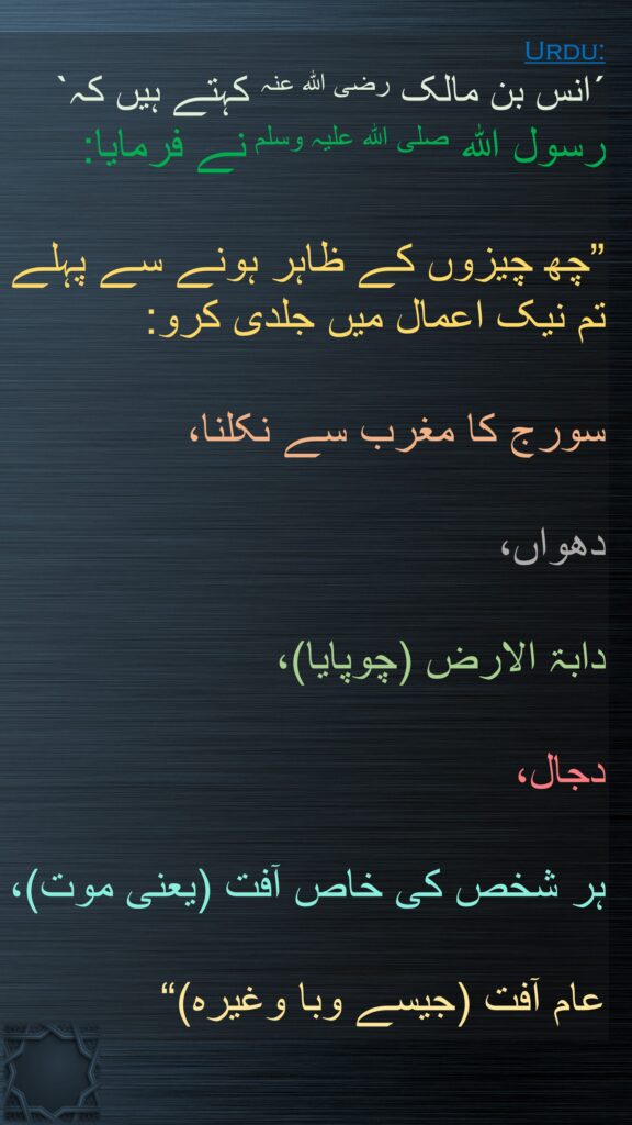 ´انس بن مالک رضی اللہ عنہ کہتے ہیں کہ` 
رسول اللہ صلی اللہ علیہ وسلم نے فرمایا:
 
”چھ چیزوں کے ظاہر ہونے سے پہلے تم نیک اعمال میں جلدی کرو: 

سورج کا مغرب سے نکلنا، 

دھواں، 

دابۃ الارض (چوپایا)، 

دجال، 

ہر شخص کی خاص آفت (یعنی موت)،

عام آفت (جیسے وبا وغیرہ)“
