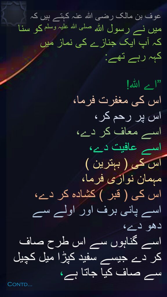 عوف بن مالک رضی الله عنہ کہتے ہیں کہ   
میں نے رسول اللہ صلی اللہ علیہ وسلم کو سنا 
کہ آپ ایک جنازے کی نماز میں 
کہہ رہے تھے:
 
”اے اللہ! 
اس کی مغفرت فرما، 
اس پر رحم کر، 
اسے معاف کر دے، 
اسے عافیت دے، 
اس کی ( بہترین ) 
مہمان نوازی فرما، 
اس کی ( قبر ) کشادہ کر دے، 
اسے پانی برف اور اولے سے 
دھو دے، 
اسے گناہوں سے اس طرح صاف کر دے جیسے سفید کپڑا میل کچیل سے صاف کیا جاتا ہے، 
