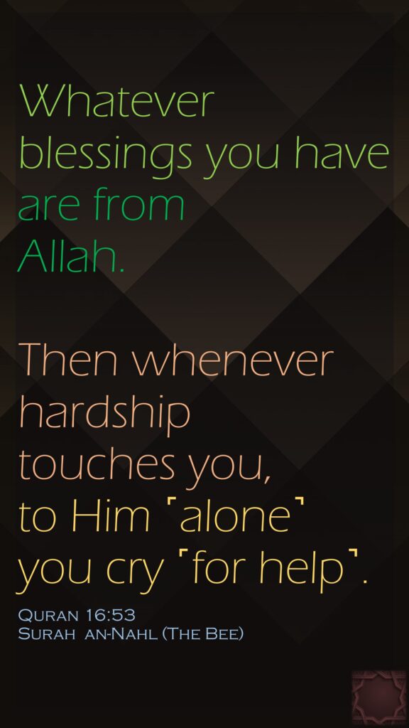 Whatever blessings you have are from Allah. Then whenever hardship touches you, to Him ˹alone˺ you cry ˹for help˺.Quran 16:53Surah  an-Nahl (The Bee) 