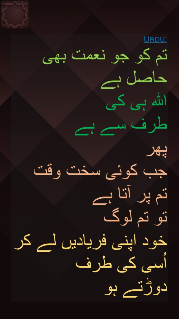 تم کو جو نعمت بھی حاصل ہے 
اللہ ہی کی 
طرف سے ہے 
پھر 
جب کوئی سخت وقت 
تم پر آتا ہے 
تو تم لوگ 
خود اپنی فریادیں لے کر اُسی کی طرف 
دوڑتے ہو
