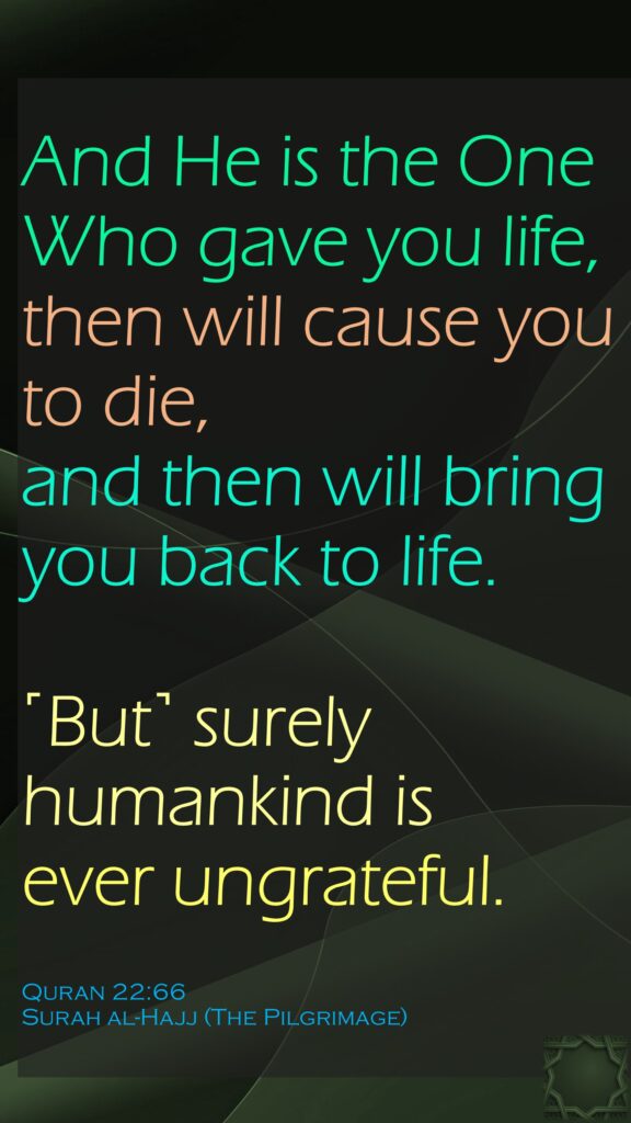 And He is the One Who gave you life, then will cause you to die, and then will bring you back to life.˹But˺ surely humankind is ever ungrateful.Quran 22:66Surah al-Hajj (The Pilgrimage)