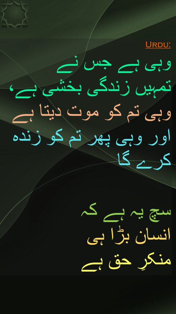 وہی ہے جس نے 
تمہیں زندگی بخشی ہے، وہی تم کو موت دیتا ہے اور وہی پھر تم کو زندہ کرے گا 

سچ یہ ہے کہ 
انسان بڑا ہی 
منکرِ حق ہے 
