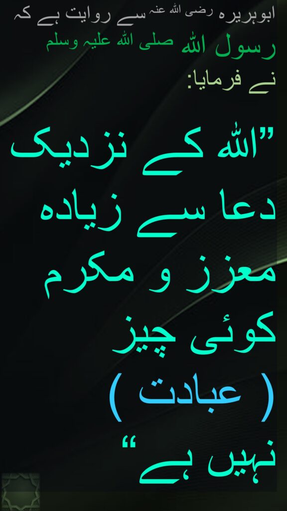 ابوہریرہ رضی الله عنہ سے روایت ہے کہ 
رسول اللہ صلی اللہ علیہ وسلم 
نے فرمایا:
  
”اللہ کے نزدیک دعا سے زیادہ معزز و مکرم کوئی چیز 
( عبادت ) 
نہیں ہے“