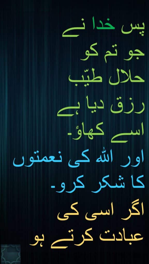 پس خدا نے 
جو تم کو 
حلال طیّب 
رزق دیا ہے 
اسے کھاؤ۔ 
اور الله کی نعمتوں کا شکر کرو۔ 
اگر اسی کی عبادت کرتے ہو
