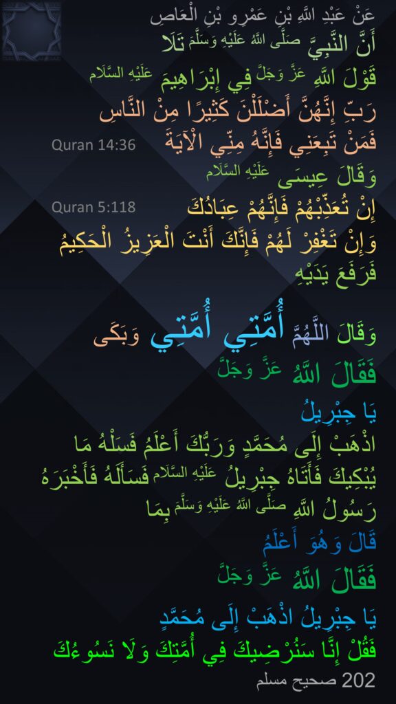 عَنْ عَبْدِ اللَّهِ بْنِ عَمْرِو بْنِ الْعَاصِ 
أَنَّ النَّبِيَّ صَلَّى اللَّهُ عَلَيْهِ وَسَلَّمَ تَلَا 
قَوْلَ اللَّهِ عَزَّ وَجَلَّ فِي إِبْرَاهِيمَ عَلَيْهِ السَّلَام 
رَبِّ إِنَّهُنَّ أَضْلَلْنَ كَثِيرًا مِنْ النَّاسِ 
فَمَنْ تَبِعَنِي فَإِنَّهُ مِنِّي الْآيَةَ 
وَقَالَ عِيسَى عَلَيْهِ السَّلَام 
إِنْ تُعَذِّبْهُمْ فَإِنَّهُمْ عِبَادُكَ 
وَإِنْ تَغْفِرْ لَهُمْ فَإِنَّكَ أَنْتَ الْعَزِيزُ الْحَكِيمُ فَرَفَعَ يَدَيْهِ 

وَقَالَ اللَّهُمَّ أُمَّتِي أُمَّتِي وَبَكَى 
فَقَالَ اللَّهُ عَزَّ وَجَلَّ 
يَا جِبْرِيلُ 
اذْهَبْ إِلَى مُحَمَّدٍ وَرَبُّكَ أَعْلَمُ فَسَلْهُ مَا يُبْكِيكَ فَأَتَاهُ جِبْرِيلُ عَلَيْهِ السَّلَام فَسَأَلَهُ فَأَخْبَرَهُ رَسُولُ اللَّهِ صَلَّى اللَّهُ عَلَيْهِ وَسَلَّمَ بِمَا 
قَالَ وَهُوَ أَعْلَمُ 
فَقَالَ اللَّهُ عَزَّ وَجَلَّ 
يَا جِبْرِيلُ اذْهَبْ إِلَى مُحَمَّدٍ 
فَقُلْ إِنَّا سَنُرْضِيكَ فِي أُمَّتِكَ وَلَا نَسُوءُكَ
202 صحيح مسلم 
