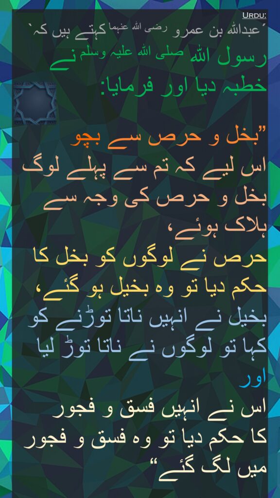 ´عبداللہ بن عمرو رضی اللہ عنہما کہتے ہیں کہ` 
رسول اللہ صلی اللہ علیہ وسلم نے خطبہ دیا اور فرمایا: 

”بخل و حرص سے بچو 
اس لیے کہ تم سے پہلے لوگ بخل و حرص کی وجہ سے ہلاک ہوئے، 
حرص نے لوگوں کو بخل کا حکم دیا تو وہ بخیل ہو گئے، بخیل نے انہیں ناتا توڑنے کو کہا تو لوگوں نے ناتا توڑ لیا اور 
اس نے انہیں فسق و فجور 
کا حکم دیا تو وہ فسق و فجور میں لگ گئے“
