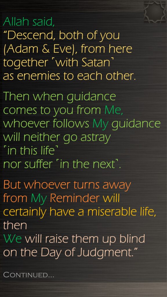 Allah said, “Descend, both of you (Adam & Eve), from here together ˹with Satan˺ as enemies to each other. Then when guidance comes to you from Me, whoever follows My guidance will neither go astray ˹in this life˺ nor suffer ˹in the next˺.But whoever turns away from My Reminder will certainly have a miserable life, then We will raise them up blind on the Day of Judgment.”Continued…