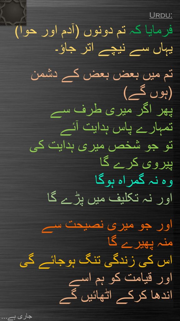 فرمایا کہ تم دونوں (آدم اور حوا) یہاں سے نیچے اتر جاؤ۔ 

تم میں بعض بعض کے دشمن 
(ہوں گے) 
پھر اگر میری طرف سے 
تمہارے پاس ہدایت آئے 
تو جو شخص میری ہدایت کی پیروی کرے گا 
وہ نہ گمراہ ہوگا 
اور نہ تکلیف میں پڑے گا 

اور جو میری نصیحت سے 
منہ پھیرے گا 
اس کی زندگی تنگ ہوجائے گی اور قیامت کو ہم اسے 
اندھا کرکے اٹھائیں گے