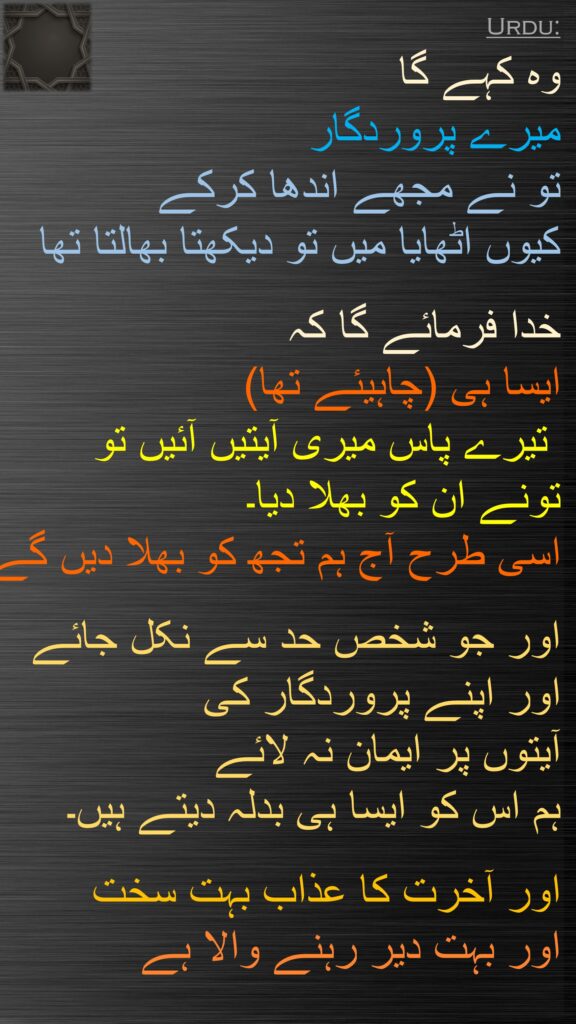 وہ کہے گا 
میرے پروردگار 
تو نے مجھے اندھا کرکے 
کیوں اٹھایا میں تو دیکھتا بھالتا تھا 

خدا فرمائے گا کہ 
ایسا ہی (چاہیئے تھا)
 تیرے پاس میری آیتیں آئیں تو 
تونے ان کو بھلا دیا۔ 
اسی طرح آج ہم تجھ کو بھلا دیں گے 

اور جو شخص حد سے نکل جائے 
اور اپنے پروردگار کی 
آیتوں پر ایمان نہ لائے 
ہم اس کو ایسا ہی بدلہ دیتے ہیں۔ 

اور آخرت کا عذاب بہت سخت 
اور بہت دیر رہنے والا ہے 
