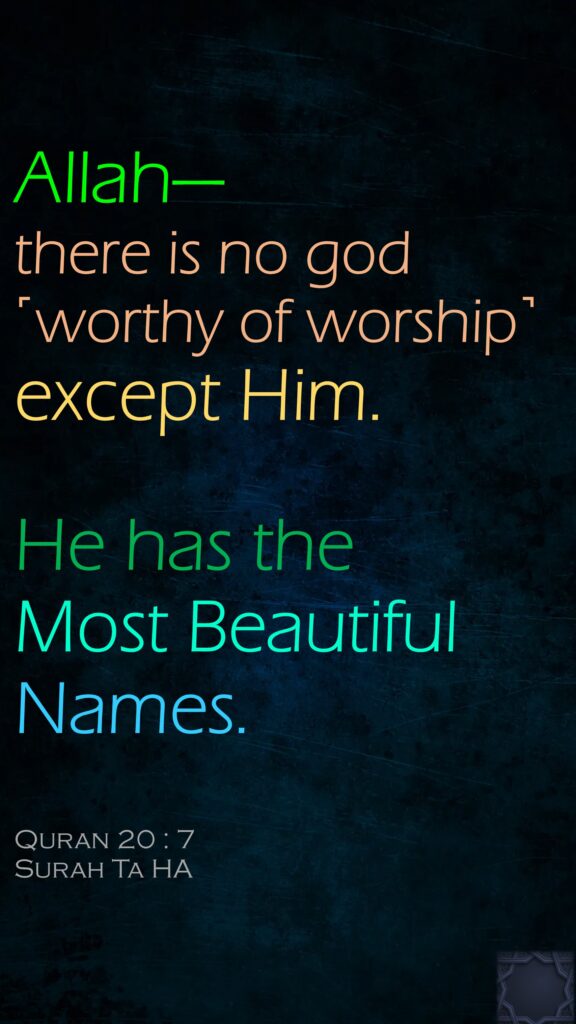 Allah—there is no god ˹worthy of worship˺ except Him. He has the Most Beautiful Names.Quran 20 : 7Surah Ta HA