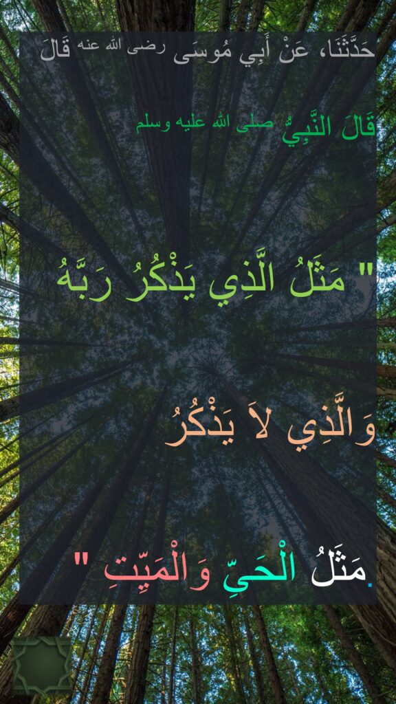 حَدَّثَنَا، عَنْ أَبِي مُوسَى رضى الله عنه قَالَ 

قَالَ النَّبِيُّ صلى الله عليه وسلم ‏ 

"‏ مَثَلُ الَّذِي يَذْكُرُ رَبَّهُ وَالَّذِي لاَ يَذْكُرُ 
مَثَلُ الْحَىِّ وَالْمَيِّتِ ‏"