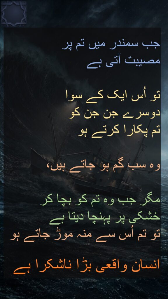 جب سمندر میں تم پر 
مصیبت آتی ہے
 
تو اُس ایک کے سوا 
دوسرے جن جن کو 
تم پکارا کرتے ہو
 
وہ سب گم ہو جاتے ہیں،
 
مگر جب وہ تم کو بچا کر 
خشکی پر پہنچا دیتا ہے 
تو تم اُس سے منہ موڑ جاتے ہو

 
انسان واقعی بڑا ناشکرا ہے 
