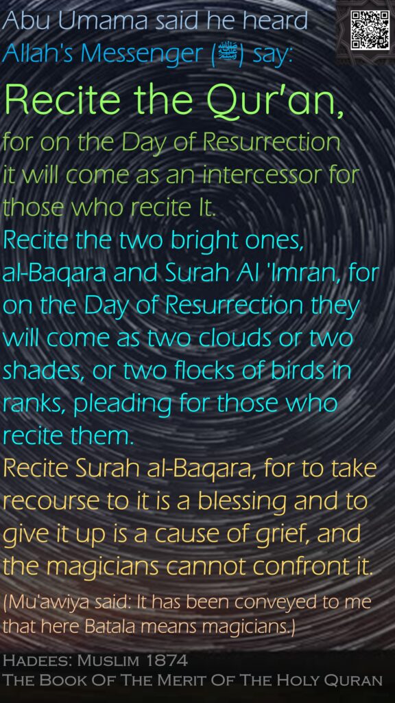 Abu Umama said he heard Allah's Messenger (ﷺ) say:Recite the Qur'an, for on the Day of Resurrection it will come as an intercessor for those who recite It. Recite the two bright ones, al-Baqara and Surah Al 'Imran, for on the Day of Resurrection they will come as two clouds or two shades, or two flocks of birds in ranks, pleading for those who recite them. Recite Surah al-Baqara, for to take recourse to it is a blessing and to give it up is a cause of grief, and the magicians cannot confront it. (Mu'awiya said: It has been conveyed to me that here Batala means magicians.)Hadees: Muslim 1874The Book Of The Merit Of The Holy Quran