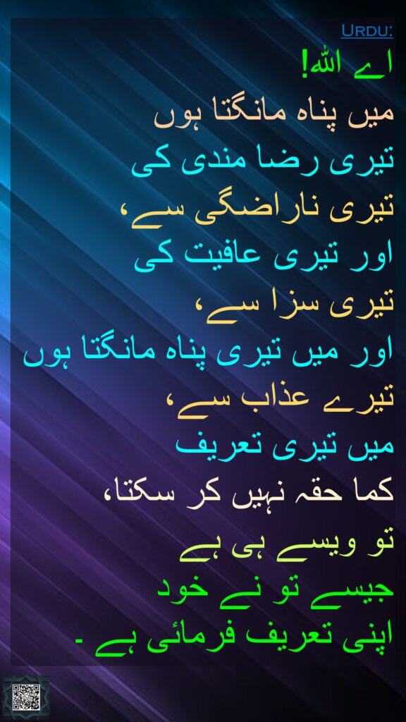 اے اللہ! 
میں پناہ مانگتا ہوں 
تیری رضا مندی کی 
تیری ناراضگی سے، 
اور تیری عافیت کی 
تیری سزا سے، 
اور میں تیری پناہ مانگتا ہوں تیرے عذاب سے، 
میں تیری تعریف 
کما حقہ نہیں کر سکتا، 
تو ویسے ہی ہے 
جیسے تو نے خود 
اپنی تعریف فرمائی ہے ۔