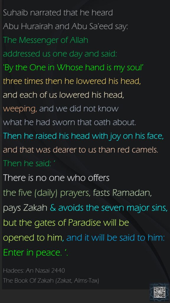 Suhaib narrated that he heard Abu Hurairah and Abu Sa'eed say: The Messenger of Allah addressed us one day and said: 'By the One in Whose hand is my soul’ three times then he lowered his head, and each of us lowered his head, weeping, and we did not know what he had sworn that oath about. Then he raised his head with joy on his face, and that was dearer to us than red camels. Then he said: ‘There is no one who offers the five (daily) prayers, fasts Ramadan, pays Zakah & avoids the seven major sins, but the gates of Paradise will be opened to him, and it will be said to him: Enter in peace. ‘.Hadees: An Nasai 2440The Book Of Zakah (Zakat, Alms-Tax)