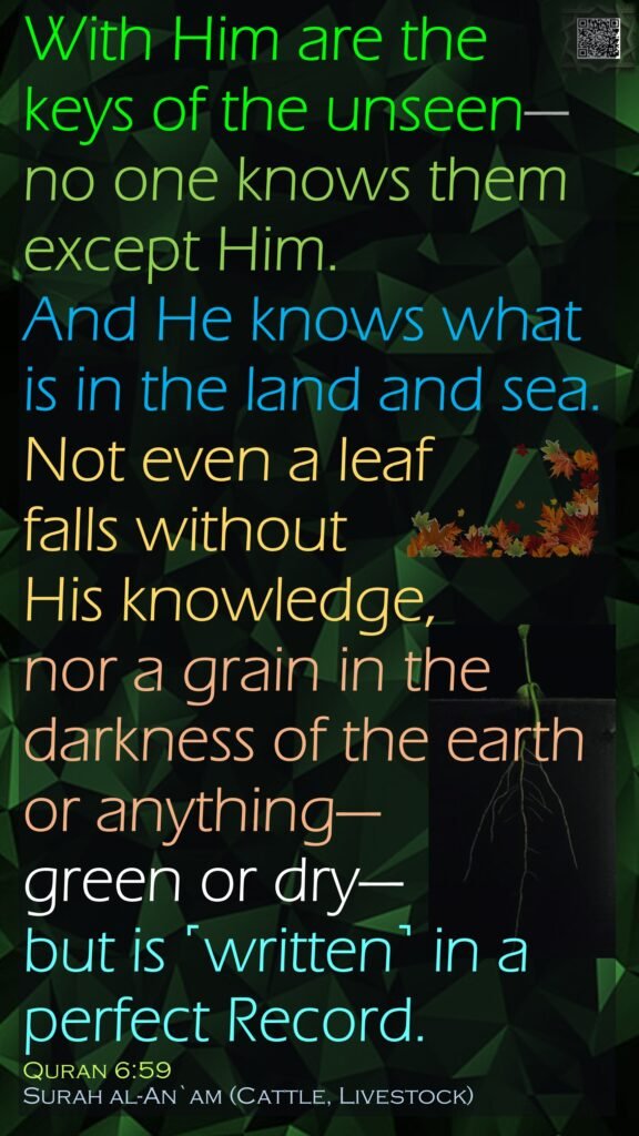With Him are the keys of the unseen—no one knows them except Him. And He knows what is in the land and sea. Not even a leaf falls without His knowledge, nor a grain in the darkness of the earth or anything—green or dry—but is ˹written˺ in a perfect Record.Quran 6:59Surah al-An`am (Cattle, Livestock