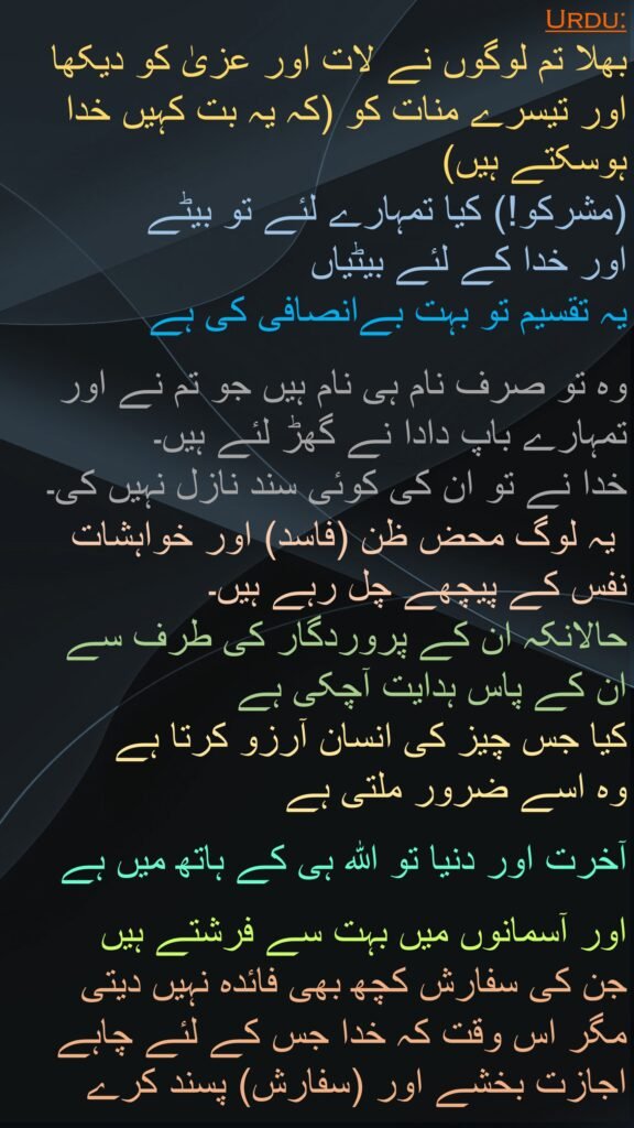 بھلا تم لوگوں نے لات اور عزیٰ کو دیکھا اور تیسرے منات کو (کہ یہ بت کہیں خدا ہوسکتے ہیں) 
(مشرکو!) کیا تمہارے لئے تو بیٹے 
اور خدا کے لئے بیٹیاں 
یہ تقسیم تو بہت بےانصافی کی ہے 

وہ تو صرف نام ہی نام ہیں جو تم نے اور تمہارے باپ دادا نے گھڑ لئے ہیں۔ 
خدا نے تو ان کی کوئی سند نازل نہیں کی۔
 یہ لوگ محض ظن (فاسد) اور خواہشات نفس کے پیچھے چل رہے ہیں۔ 
حالانکہ ان کے پروردگار کی طرف سے 
ان کے پاس ہدایت آچکی ہے 
کیا جس چیز کی انسان آرزو کرتا ہے 
وہ اسے ضرور ملتی ہے 

آخرت اور دنیا تو الله ہی کے ہاتھ میں ہے 

اور آسمانوں میں بہت سے فرشتے ہیں 
جن کی سفارش کچھ بھی فائدہ نہیں دیتی 
مگر اس وقت کہ خدا جس کے لئے چاہے اجازت بخشے اور (سفارش) پسند کرے
