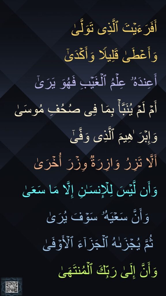 أَفَرَءَیۡتَ ٱلَّذِی تَوَلَّىٰ 
وَأَعۡطَىٰ قَلِیلࣰا وَأَكۡدَىٰۤ 
أَعِندَهُۥ عِلۡمُ ٱلۡغَیۡبِ فَهُوَ یَرَىٰۤ 
أَمۡ لَمۡ یُنَبَّأۡ بِمَا فِی صُحُفِ مُوسَىٰ 
وَإِبۡرَ ٰهِیمَ ٱلَّذِی وَفَّىٰۤ 
أَلَّا تَزِرُ وَازِرَةࣱ وِزۡرَ أُخۡرَىٰ 
وَأَن لَّیۡسَ لِلۡإِنسَـٰنِ إِلَّا مَا سَعَىٰ 
  وَأَنَّ سَعۡیَهُۥ سَوۡفَ یُرَىٰ 
 ثُمَّ یُجۡزَىٰهُ ٱلۡجَزَاۤءَ ٱلۡأَوۡفَىٰ 
وَأَنَّ إِلَىٰ رَبِّكَ ٱلۡمُنتَهَىٰ
