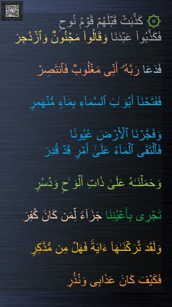 ۞ كَذَّبَتۡ قَبۡلَهُمۡ قَوۡمُ نُوحࣲ 
فَكَذَّبُوا۟ عَبۡدَنَا وَقَالُوا۟ مَجۡنُونࣱ وَٱزۡدُجِرَ 

فَدَعَا رَبَّهُۥۤ أَنِّی مَغۡلُوبࣱ فَٱنتَصِرۡ 

فَفَتَحۡنَاۤ أَبۡوَ ٰبَ ٱلسَّمَاۤءِ بِمَاۤءࣲ مُّنۡهَمِرࣲ 

وَفَجَّرۡنَا ٱلۡأَرۡضَ عُیُونࣰا 
فَٱلۡتَقَى ٱلۡمَاۤءُ عَلَىٰۤ أَمۡرࣲ قَدۡ قُدِرَ 

وَحَمَلۡنَـٰهُ عَلَىٰ ذَاتِ أَلۡوَ ٰحࣲ وَدُسُرࣲ 

تَجۡرِی بِأَعۡیُنِنَا جَزَاۤءࣰ لِّمَن كَانَ كُفِرَ 

وَلَقَد تَّرَكۡنَـٰهَاۤ ءَایَةࣰ فَهَلۡ مِن مُّدَّكِرࣲ 

فَكَیۡفَ كَانَ عَذَابِی وَنُذُرِ 
