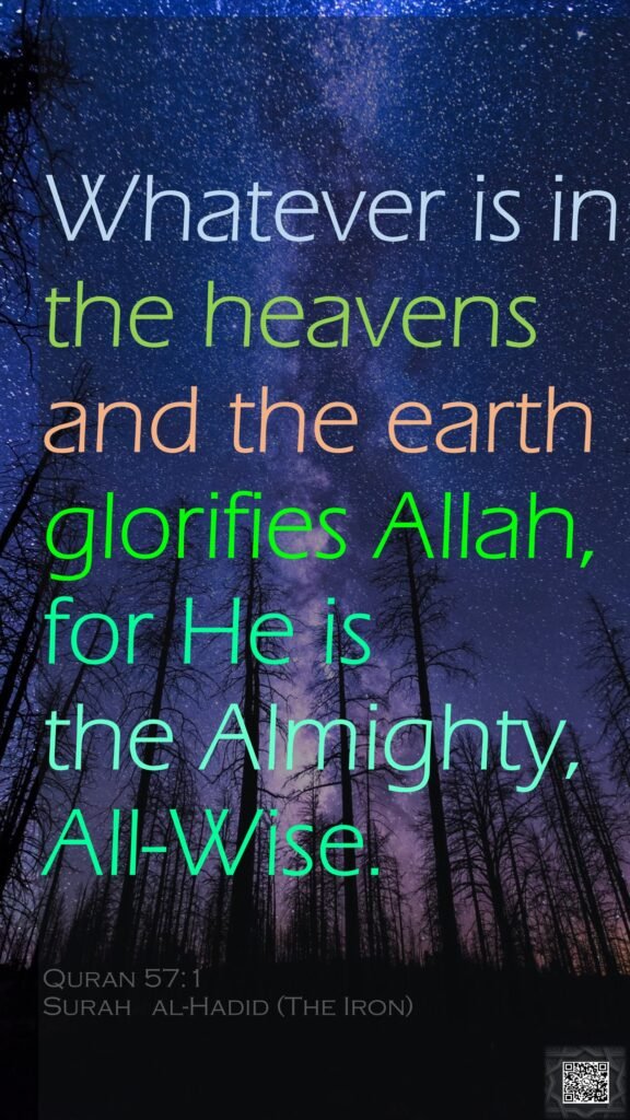 Whatever is in the heavens and the earth glorifies Allah, for He is the Almighty, All-Wise.Quran 57:1Surah   al-Hadid (The Iron)
