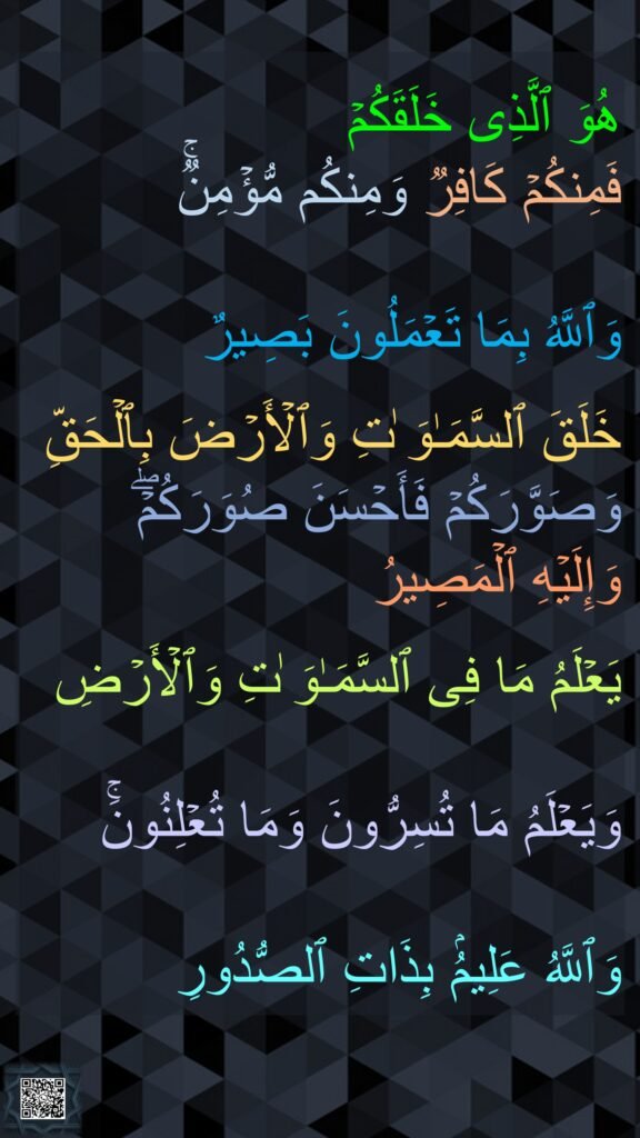هُوَ ٱلَّذِی خَلَقَكُمۡ 
فَمِنكُمۡ كَافِرࣱ وَمِنكُم مُّؤۡمِنࣱۚ
 
وَٱللَّهُ بِمَا تَعۡمَلُونَ بَصِیرٌ 

خَلَقَ ٱلسَّمَـٰوَ ٰتِ وَٱلۡأَرۡضَ بِٱلۡحَقِّ 
وَصَوَّرَكُمۡ فَأَحۡسَنَ صُوَرَكُمۡۖ 
وَإِلَیۡهِ ٱلۡمَصِیرُ 

یَعۡلَمُ مَا فِی ٱلسَّمَـٰوَ ٰتِ وَٱلۡأَرۡضِ

وَیَعۡلَمُ مَا تُسِرُّونَ وَمَا تُعۡلِنُونَۚ

وَٱللَّهُ عَلِیمُۢ بِذَاتِ ٱلصُّدُورِ 