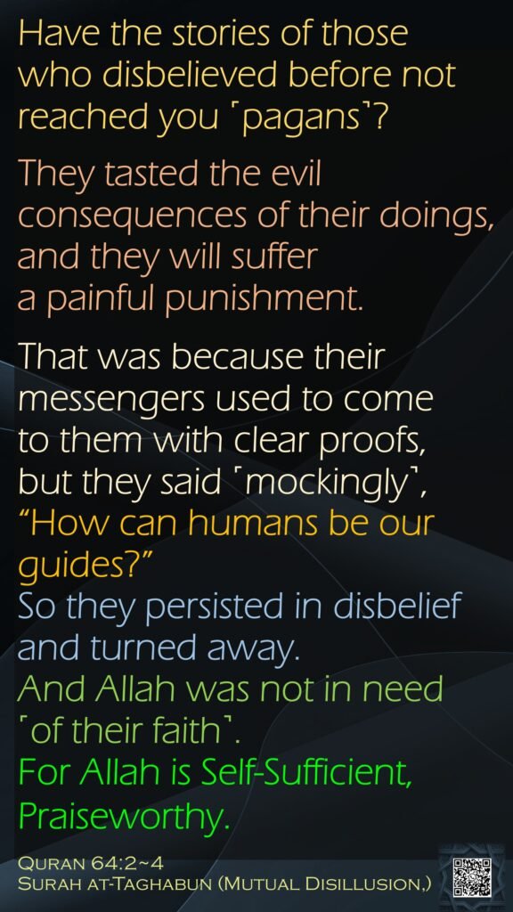 Have the stories of those who disbelieved before not reached you ˹pagans˺? They tasted the evil consequences of their doings, and they will suffer a painful punishment.That was because their messengers used to come to them with clear proofs, but they said ˹mockingly˺, “How can humans be our guides?” So they persisted in disbelief and turned away. And Allah was not in need ˹of their faith˺. For Allah is Self-Sufficient, Praiseworthy.Quran 64:2~4Surah at-Taghabun (Mutual Disillusion)  
