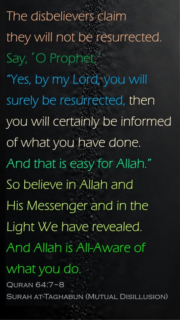The disbelievers claim they will not be resurrected. Say, ˹O Prophet,˺ “Yes, by my Lord, you will surely be resurrected, then you will certainly be informed of what you have done. And that is easy for Allah.”So believe in Allah and His Messenger and in the Light We have revealed. And Allah is All-Aware of what you do.Quran 64:7~8Surah at-Taghabun (Mutual Disillusion) 
