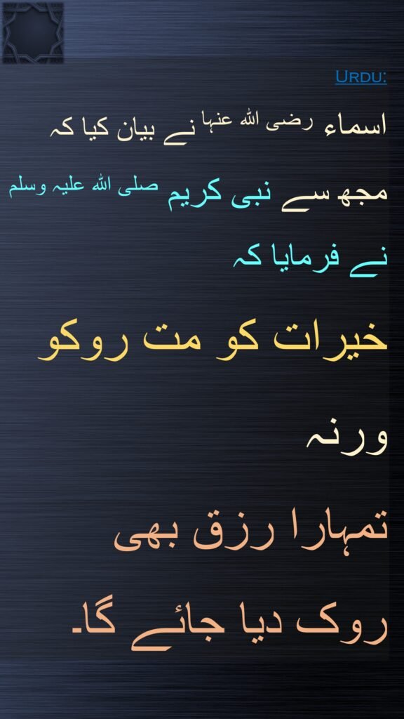 اسماء رضی اللہ عنہا نے بیان کیا کہ   
مجھ سے نبی کریم صلی اللہ علیہ وسلم نے فرمایا کہ 
خیرات کو مت روکو 
ورنہ 
تمہارا رزق بھی 
روک دیا جائے گا۔ 
