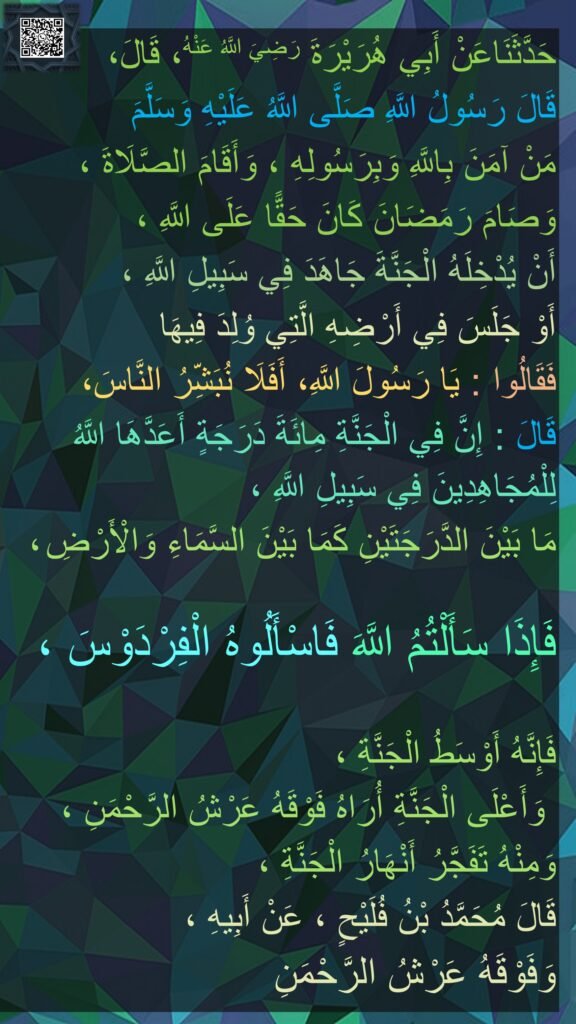 حَدَّثَنَاعَنْ أَبِي هُرَيْرَةَ رَضِيَ اللَّهُ عَنْهُ، قَالَ، 
قَالَ رَسُولُ اللَّهِ صَلَّى اللَّهُ عَلَيْهِ وَسَلَّمَ 
مَنْ آمَنَ بِاللَّهِ وَبِرَسُولِهِ ، وَأَقَامَ الصَّلَاةَ ،
وَصَامَ رَمَضَانَ كَانَ حَقًّا عَلَى اللَّهِ ،
أَنْ يُدْخِلَهُ الْجَنَّةَ جَاهَدَ فِي سَبِيلِ اللَّهِ ،
أَوْ جَلَسَ فِي أَرْضِهِ الَّتِي وُلِدَ فِيهَا
فَقَالُوا : يَا رَسُولَ اللَّهِ، أَفَلَا نُبَشِّرُ النَّاسَ،
قَالَ : إِنَّ فِي الْجَنَّةِ مِائَةَ دَرَجَةٍ أَعَدَّهَا اللَّهُ لِلْمُجَاهِدِينَ فِي سَبِيلِ اللَّهِ ،
مَا بَيْنَ الدَّرَجَتَيْنِ كَمَا بَيْنَ السَّمَاءِ وَالْأَرْضِ ،

فَإِذَا سَأَلْتُمُ اللَّهَ فَاسْأَلُوهُ الْفِرْدَوْسَ ،

فَإِنَّهُ أَوْسَطُ الْجَنَّةِ ،
 وَأَعْلَى الْجَنَّةِ أُرَاهُ فَوْقَهُ عَرْشُ الرَّحْمَنِ ،
وَمِنْهُ تَفَجَّرُ أَنْهَارُ الْجَنَّةِ ، 
قَالَ مُحَمَّدُ بْنُ فُلَيْحٍ ، عَنْ أَبِيهِ ،
وَفَوْقَهُ عَرْشُ الرَّحْمَنِ
