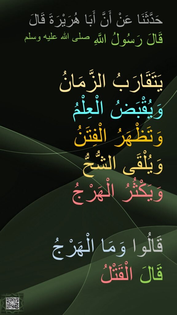 حَدَّثَنَا عَنْ أَنَّ أَبَا هُرَيْرَةَ قَالَ 
قَالَ رَسُولُ اللَّهِ صلى الله عليه وسلم
 
يَتَقَارَبُ الزَّمَانُ وَيُقْبَضُ الْعِلْمُ 
وَتَظْهَرُ الْفِتَنُ 
وَيُلْقَى الشُّحُّ 
وَيَكْثُرُ الْهَرْجُ

قَالُوا وَمَا الْهَرْجُ 
قَالَ الْقَتْلُ
