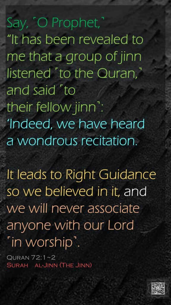 Say, ˹O Prophet,˺ “It has been revealed to me that a group of jinn listened ˹to the Quran,˺ and said ˹to their fellow jinn˺: ‘Indeed, we have heard a wondrous recitation.It leads to Right Guidance so we believed in it, and we will never associate anyone with our Lord ˹in worship˺.Quran 72:1~2Surah    al-Jinn (The Jinn)