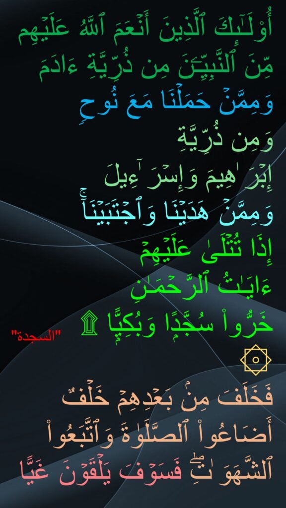 أُو۟لَـٰۤىِٕكَ ٱلَّذِینَ أَنۡعَمَ ٱللَّهُ عَلَیۡهِم مِّنَ ٱلنَّبِیِّـۧنَ مِن ذُرِّیَّةِ ءَادَمَ وَمِمَّنۡ حَمَلۡنَا مَعَ نُوحࣲ 
وَمِن ذُرِّیَّةِ 
إِبۡرَ ٰهِیمَ وَإِسۡرَ ٰۤءِیلَ 
وَمِمَّنۡ هَدَیۡنَا وَٱجۡتَبَیۡنَاۤۚ 
إِذَا تُتۡلَىٰ عَلَیۡهِمۡ 
ءَایَـٰتُ ٱلرَّحۡمَـٰنِ 
خَرُّوا۟ سُجَّدًۭا وَبُكِيًّۭا ۩
۞ 
فَخَلَفَ مِنۢ بَعۡدِهِمۡ خَلۡفٌ أَضَاعُوا۟ ٱلصَّلَوٰةَ وَٱتَّبَعُوا۟ ٱلشَّهَوَ ٰتِۖ فَسَوۡفَ یَلۡقَوۡنَ غَیًّا
