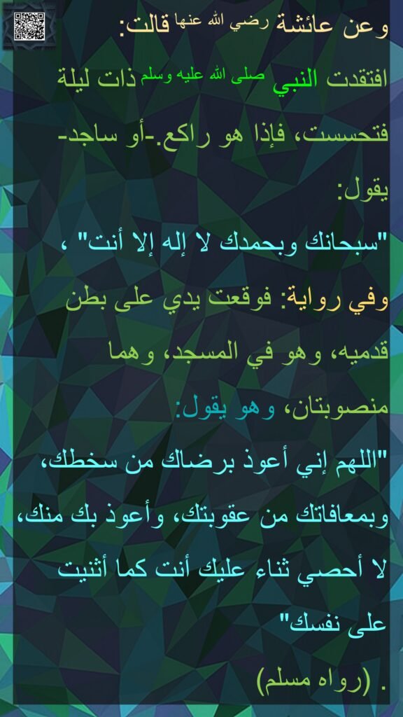 وعن عائشة رضي الله عنها قالت‏:‏ 
افتقدت النبي صلى الله عليه وسلم ذات ليلة فتحسست، فإذا هو راكع‏.‏-أو ساجد- يقول‏:‏ 
‏"‏سبحانك وبحمدك لا إله إلا أنت‏"‏ ، وفي رواية‏:‏ فوقعت يدي على بطن قدميه، وهو في المسجد، وهما منصوبتان، وهو يقول‏:‏ ‏
"‏اللهم إني أعوذ برضاك من سخطك، وبمعافاتك من عقوبتك، وأعوذ بك منك، لا أحصي ثناء عليك أنت كما أثنيت على نفسك‏"‏ ‏‏‏‏‏
‏‏. (‏رواه مسلم‏)