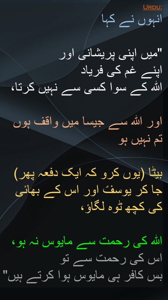 انہوں نے کہا
 
"میں اپنی پریشانی اور 
اپنے غم کی فریاد 
اللہ کے سوا کسی سے نہیں کرتا،
 
اور اللہ سے جیسا میں واقف ہوں 
تم نہیں ہو

بیٹا (یوں کرو کہ ایک دفعہ پھر) 
جا کر یوسفؑ اور اس کے بھائی 
کی کچھ ٹوہ لگاؤ،
 
اللہ کی رحمت سے مایوس نہ ہو، 
اس کی رحمت سے تو 
بس کافر ہی مایوس ہوا کرتے ہیں"
