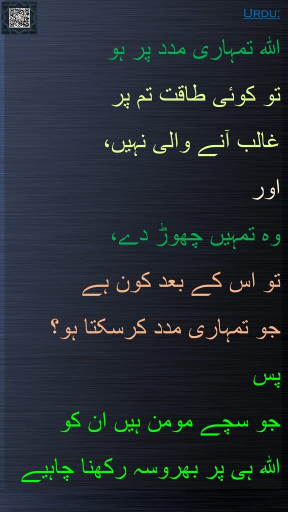 اللہ تمہاری مدد پر ہو 
تو کوئی طاقت تم پر 
غالب آنے والی نہیں، 
اور 
وہ تمہیں چھوڑ دے، 
تو اس کے بعد کون ہے 
جو تمہاری مدد کرسکتا ہو؟ 
پس 
جو سچے مومن ہیں ان کو 
اللہ ہی پر بھروسہ رکھنا چاہیے
