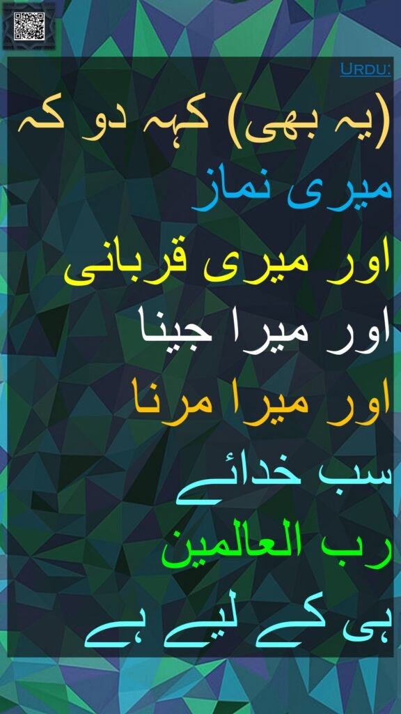 (یہ بھی) کہہ دو کہ میری نماز 
اور میری قربانی اور میرا جینا 
اور میرا مرنا 
سب خدائے 
رب العالمین 
ہی کے لیے ہے 
